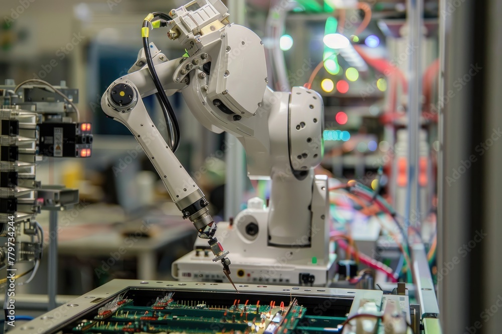 Poster Robotic arm for electronic assembly line. Smart modern factory automation using advanced machines.