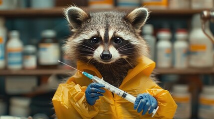 Whimsical Raccoon Nurse Administering Medical Injection with Syringe in Veterinary or Wildlife Rehabilitation Setting