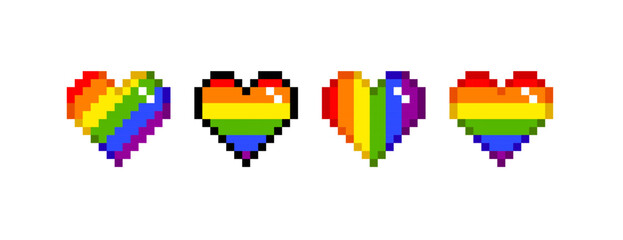 Vector Rainbow Pixel Heart icon collection. LGBTQ community heart symbols and signs in retro 8-bit game style. Gay Pride and LGBT rainvow badge and sticker design