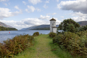 Gairlochy Lighthouse on the Caledonian Canal Looking up Loch Lochy