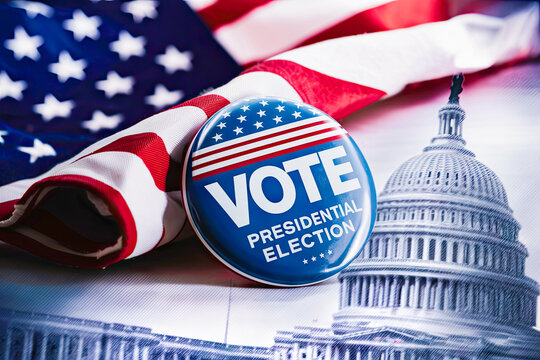One badge for the 2024 American presidential election with text VOTE Presidential Election  ,lying on the USA flag and the White House picture at backdrop.United States presidential election in 2024.
