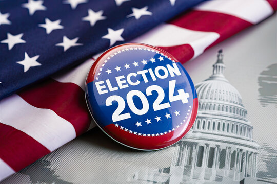 Badge for the 2024 American presidential election with white color text Election 2024 ,lying on the USA flag and the White House at the backdrop.Political election 2024 campaign background.