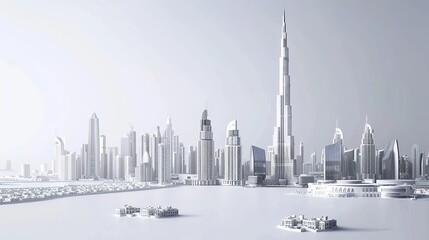 minimalistic slant top view of dubai including burj khalifa, plain white background