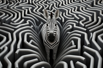Generative Ai of a zebra in a black and white maze. 