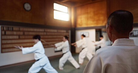 Japanese students, lesson or sensei in dojo to start aikido practice, discipline or teaching self...