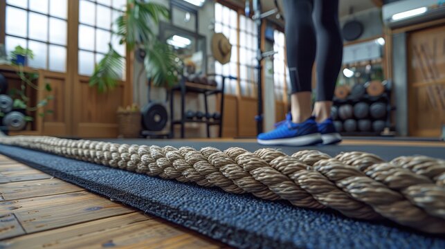A person using a battle rope in a fitness studio.