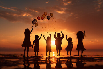 Generative Ai of happy children with balloons at sunset.