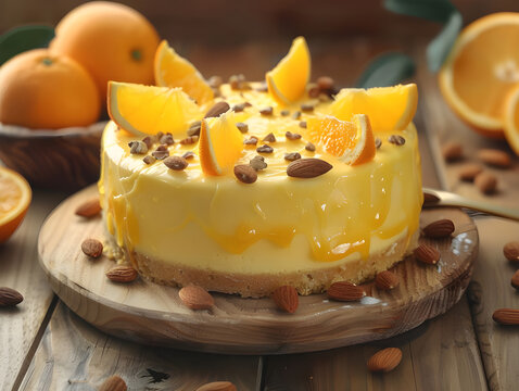 Orange cake with almonds on white surface - Ai generated