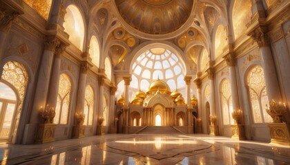 Fototapeta na wymiar The golden glow of sunlight bathes an opulent palace interior, highlighting intricate architectural details and an atmosphere of royal elegance.. AI Generation