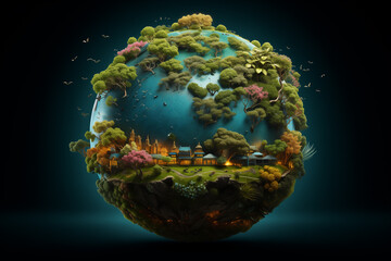 Fototapeta premium Illustration of a thriving planet Earth with a lot of greenery and foliage. 