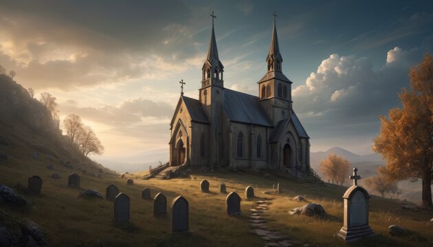 A tranquil churchyard with an air of solemnity as the sun sets behind a small church surrounded by graves and autumnal trees.. AI Generation