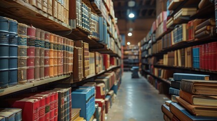 The walls are lined with shelves filled with books and binders.