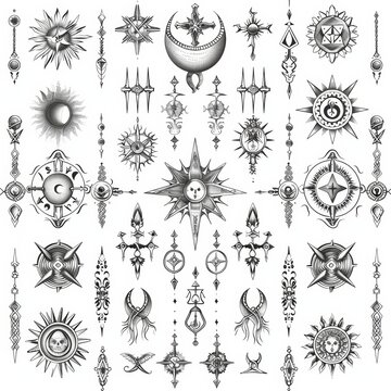 Repeating pattern of arcane sigils, charms or mystical motifs tattoo design