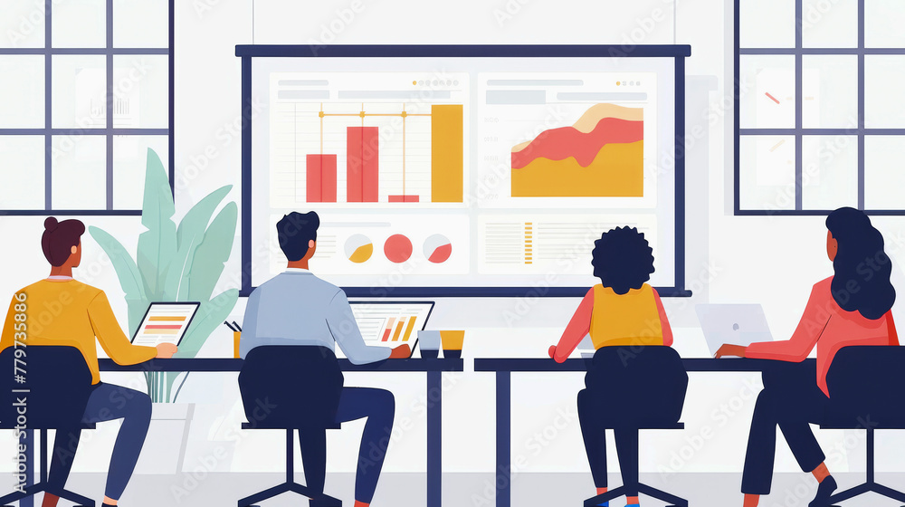 Poster three individuals analyzing data charts on a screen in a modern office environment, working on lapto