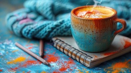 A steaming cup of coffee, a colorful drawing, and a notebook for jotting down ideas.