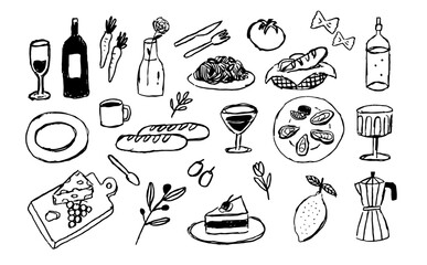 ディナー　ランチ　食べ物　手書き　スケッチ　イラスト　セット　食べ物