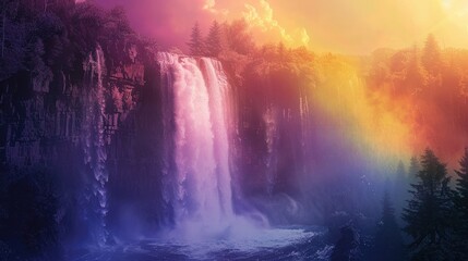 Mystical Rainbow Waterfall Cascading from Cloud Kissed Cliffs in Enchanted Forest Landscape