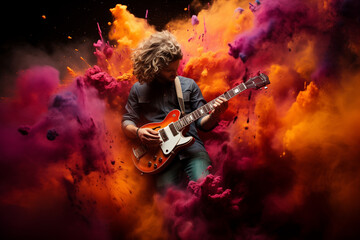 Obraz premium Generative Ai of a guitarist and a splash of a colors. 