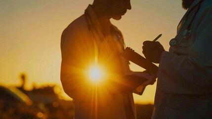 A close-up of a patient and doctor taking notes is captured against a sunset background, emphasizing healthcare and consultation
