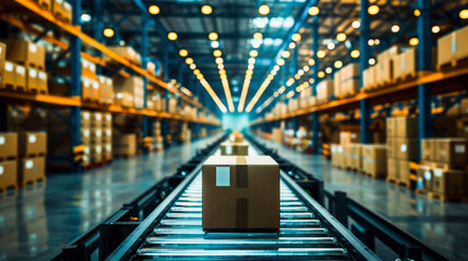 Fototapeta premium A package on a conveyor belt in a modern warehouse with shelves stocked with goods and bright ceiling lights.