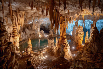 Generative ai on theme of a large beautiful sharp stalactites hanging down from deep mountain cave