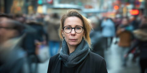 A senior woman with glasses and a scarf clearly focused with a blurred crowd in the background