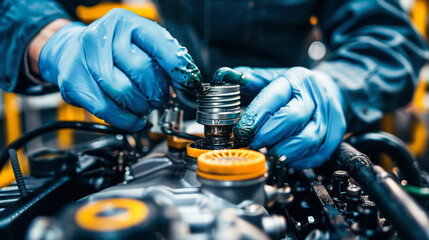 A person wearing gloves is working on a vehicle engine, specifically handling a spark plug.