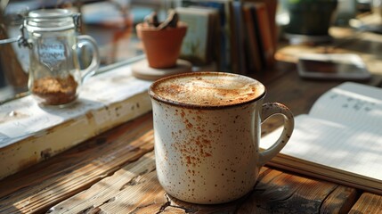 A stress-reliever: a hot cup of coffee, a sketchbook to doodle in, and a notebook to write down worries.