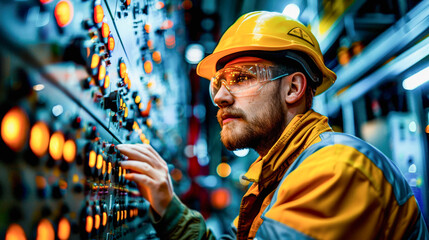 An engineer with a hard hat and safety glasses is focused on examining or adjusting machinery in an industrial setting. - Powered by Adobe