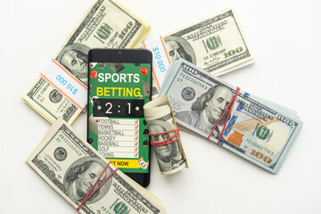 Sport betting online banner concept. app online bet on soccer. Mobile phone with soccer field on screen and realistik football ball in front. illustration - obrazy, fototapety, plakaty