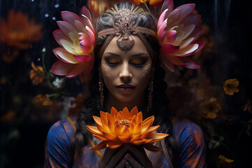 Generative Ai of Lotus flower, yoga and mindfulness. Namaste.  - obrazy, fototapety, plakaty