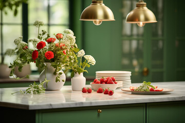 Generative AI of strawberries and vase of red flower in a green kitchen interior.  - obrazy, fototapety, plakaty