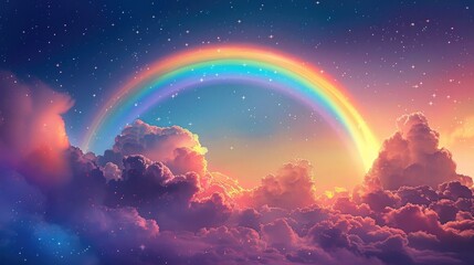 Celestial Rainbow and Starry Clouds Glowing in the Ethereal Night Sky