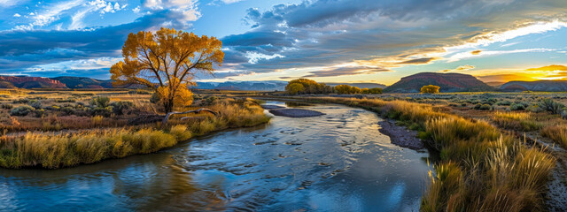 A river with a tree in the foreground and a beautiful sunset in the background