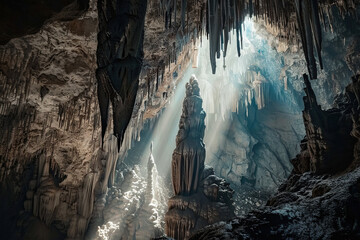 Generative ai on theme of a large beautiful sharp stalactites hanging down from deep mountain cave