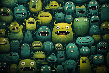 Generative Ai of cute little monsters. Childhood, imagination theme. 