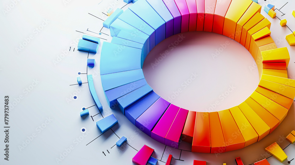 Poster colorful circular bar graph in 3d on a white surface, representing data visualization or infographic