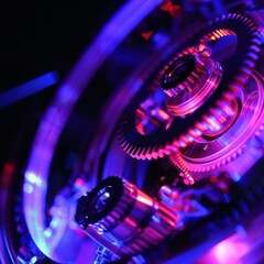 Closeup of a zoom mechanism in a lens illuminated by black light in a lab - obrazy, fototapety, plakaty