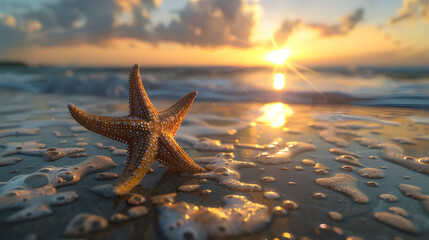 Fototapeta na wymiar Starfish on shoreline with sunset over tropical horizon - Ai Generated