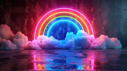 Glowing Neon Rainbows and Ethereal Clouds in a Surreal Atmospheric Landscape