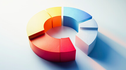 3D pie chart with five colored segments, casting shadow on a light background, illustrating data visualization or statistic concept. - obrazy, fototapety, plakaty