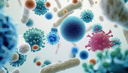 A vibrant digital illustration of diverse bacteria and viruses	

