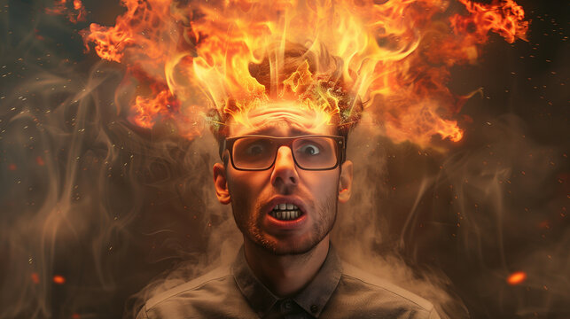 Conceptual image of a person with head exploding in flames, representing anger, stress.