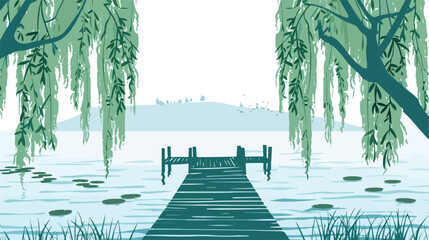 Spring background with weeping willow lake and pier. f - obrazy, fototapety, plakaty