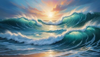A digital painting captures the powerful surge of emerald ocean waves under a vibrant sunset, reflecting the sun's golden hues across the water's surface. AI Generation