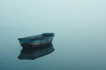 Serene minimalist scene of a solitary boat on tranquil waters, invoking peace and solitude, ideal for contemplation and serene themes.

