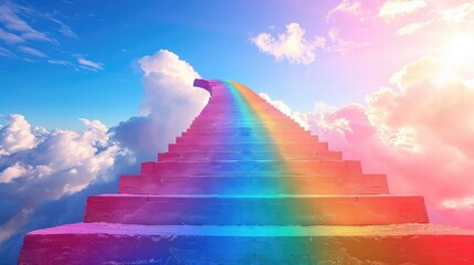 Colorful Staircase Reaching Towards Clouds in Vibrant Heavenly Landscape