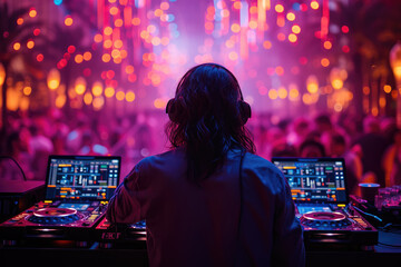 The DJ creates a vibrant club atmosphere by mixing tracks