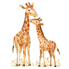 Loving giraffe mother and baby in a tender moment, watercolor art capturing their serene savannah habitat