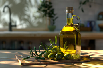 A golden bottle of extra virgin olive oil, representing quality and freshness, essential in Mediterranean cuisine